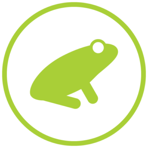 Green frog in circle logo.